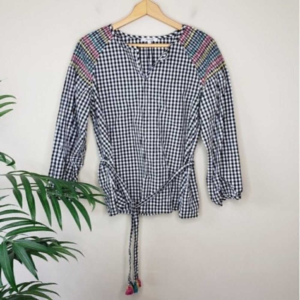 Madewell Gingham Embroidered Shoulder Top Size Small